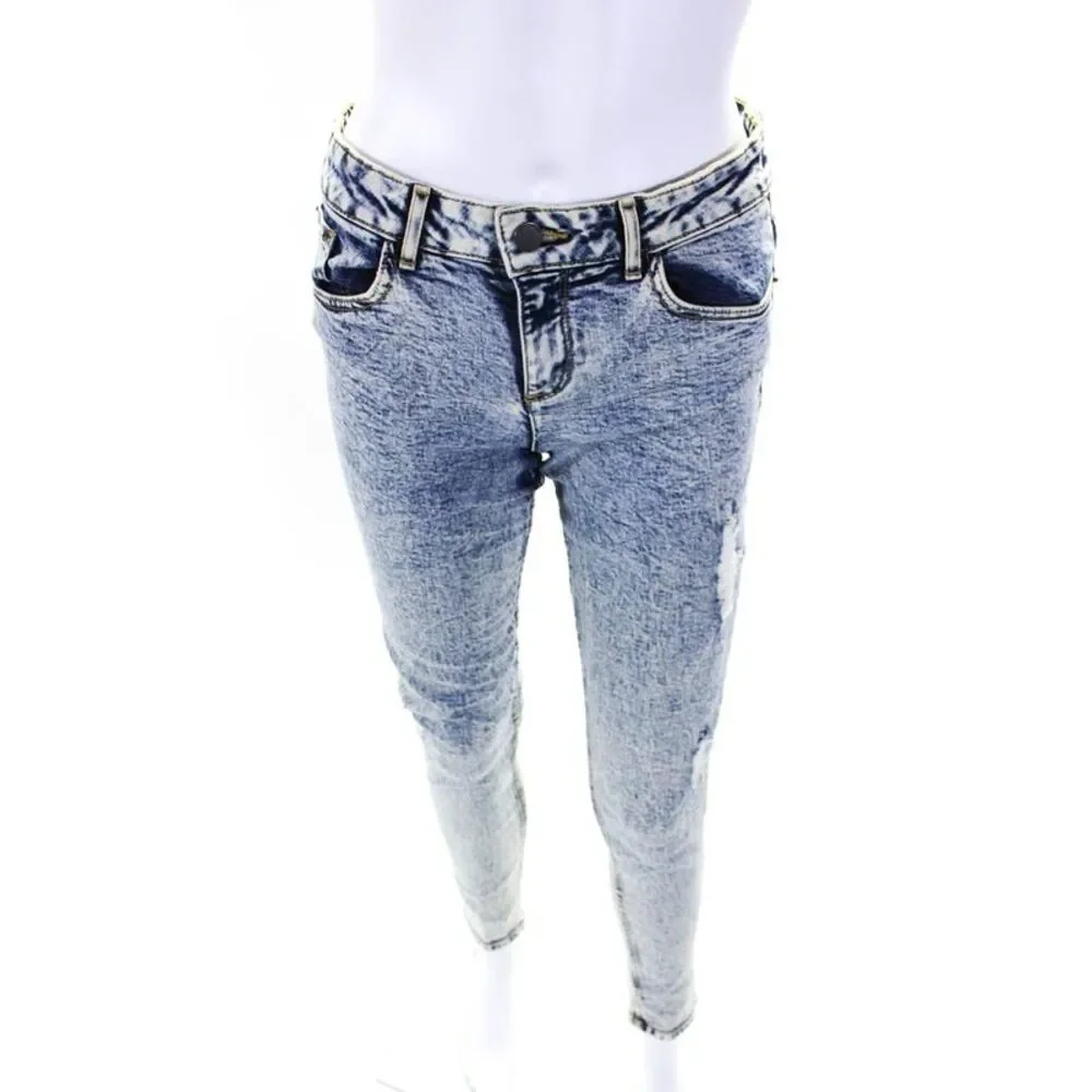 Alice + Olivia Womens Front Zip Distressed Tapered Leg Light Wash Jeans Blue 27